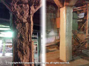 A corroded column (left) is restored with HJ3's CarbonSeal system (right).