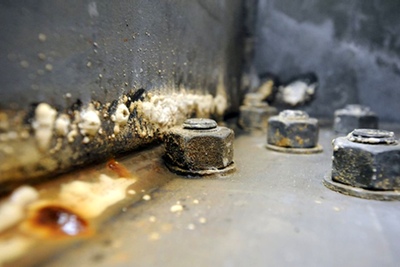 Bolts, previously submerged by a puddle of water, already show rust. Photo Credit: SF Gate