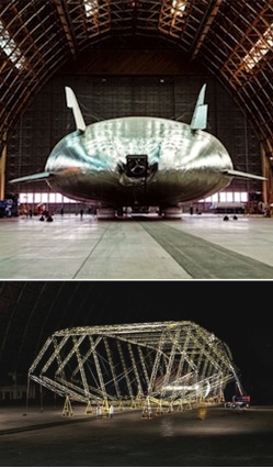 The Aeroscraft is a semi-rigid airship with a carbon fiber and aluminum frame (bottom) surrounded by a silvery mylar skin (top). Photo Credits: Popular Mechanics