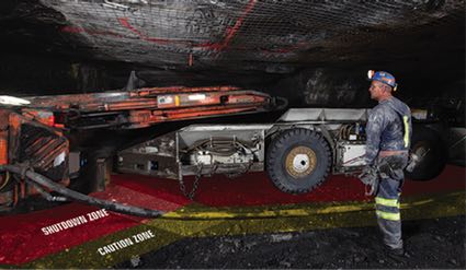 When a miner steps into the yellow "Caution Zone," a warning alarm alerts the mine operator. If a miner crosses into the "Shutdown Zone," the machine shuts down immediately. Photo Credit: magazine.cim.org