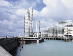The "West Quay Development" includes 2 iconic towers, a submerged parking garage, and a large promenade. Photo Credit: SkyscraperNews.com